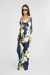Cut-out floral print off-shoulder maxi dress on a white background