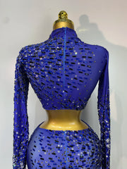 High Neck Long Sleeve Cutout Rhinestone Crop Top and Floor-Length Skirt Set