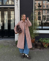 Red Gingham Lapel Long Trench Coat