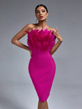 Women Feather Bodycon Strapless Midi Dress Evening Club Outfit
