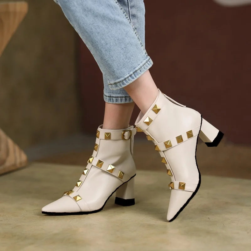 Beige studded pointed toe block heel ankle boots