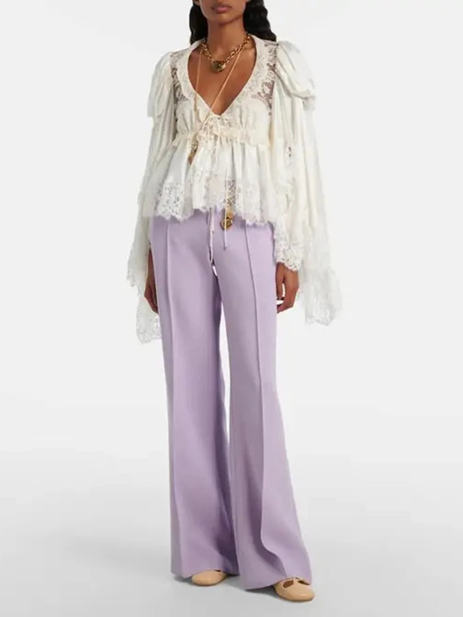 Full Body Shot of Lace V-Neck Lace-Up Blouse Outfit