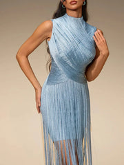 Mock Neck Fringe Maxi Dress