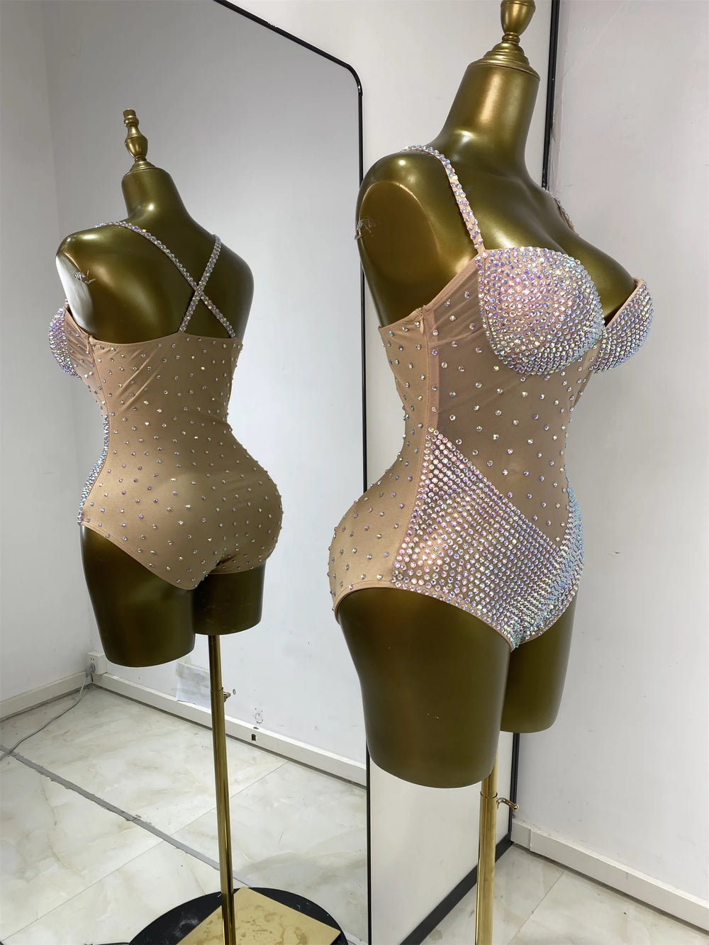 Rhinestone mesh strappy bodysuit side view