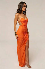 Orange ruched high slit maxi dress side view