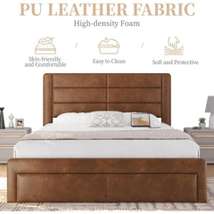 Brown PU leather bed with features listed above it on a white background