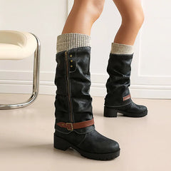 Knit Cuff Faux Leather Buckle Riding Boots