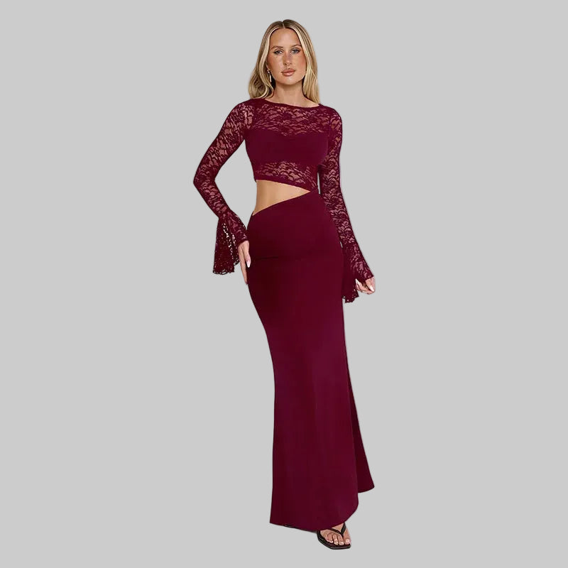 Burgundy lace dress with cut-out design on a gray background