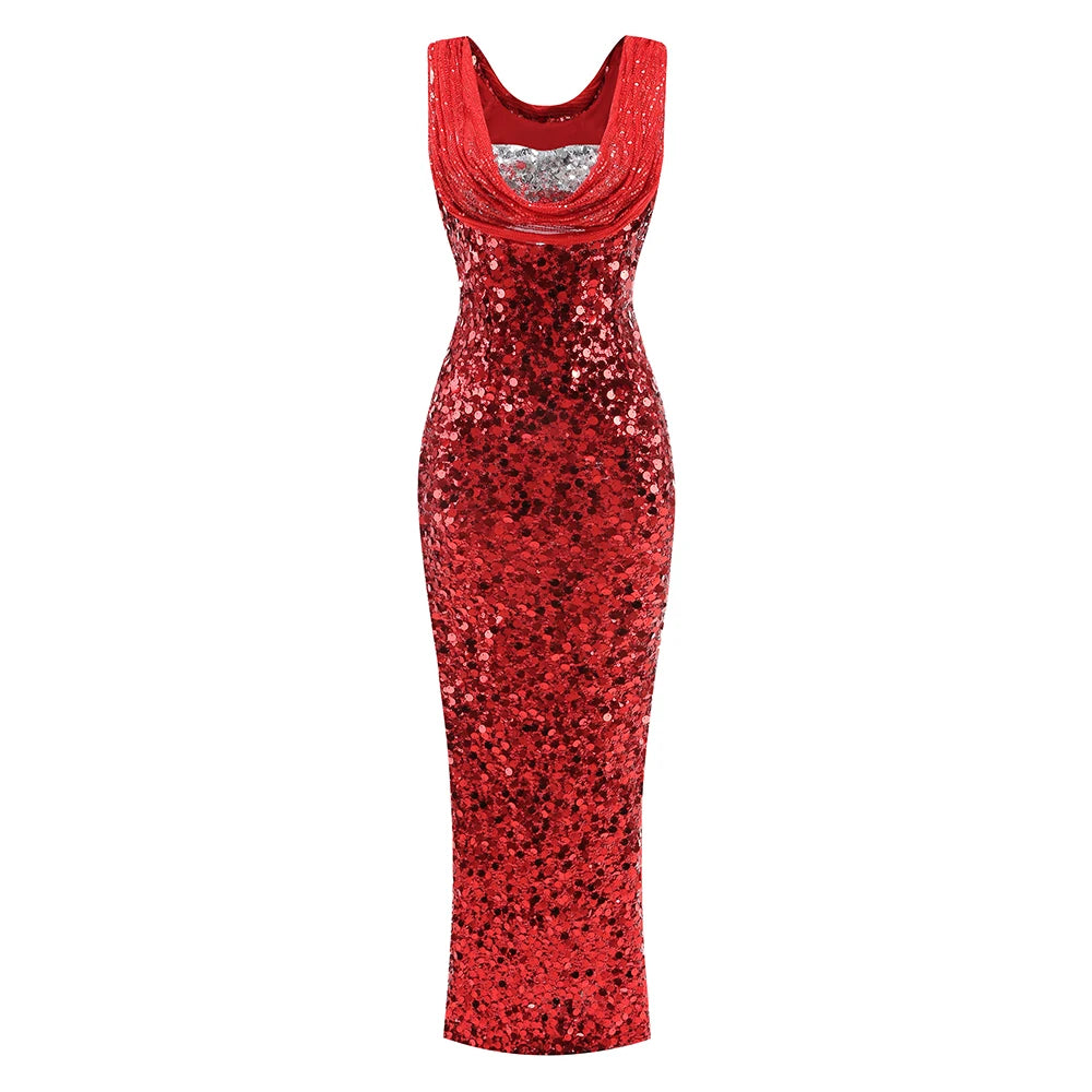 Red sequin dress on a white background