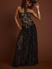 Black lace halter neck gown styled with a belt