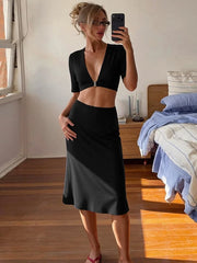 Blue Deep V-Neck Bralette Top and Midi Skirt Set