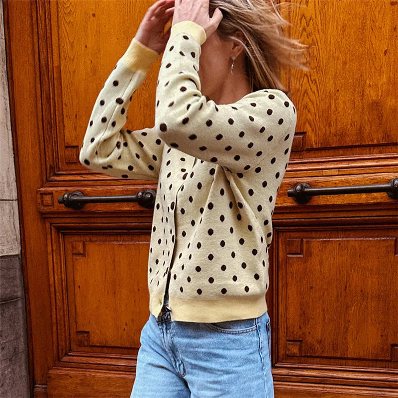 Cream polka dot knit coat women