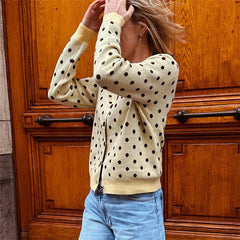 Cream polka dot knit coat women