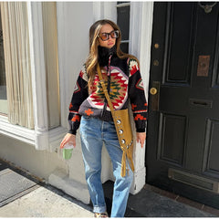 Patchwork zip-up coat with geometric print detail