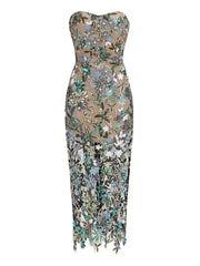 Strapless Sequin Embroidery Floral Sheath Maxi Dress