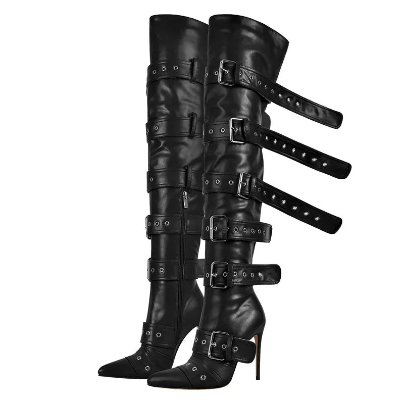 Black leather knee-high boots with multiple buckles 