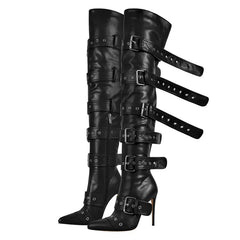 Black leather knee-high boots with multiple buckles 
