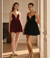 Velvet Deep V Neck Mini Lantern Dress