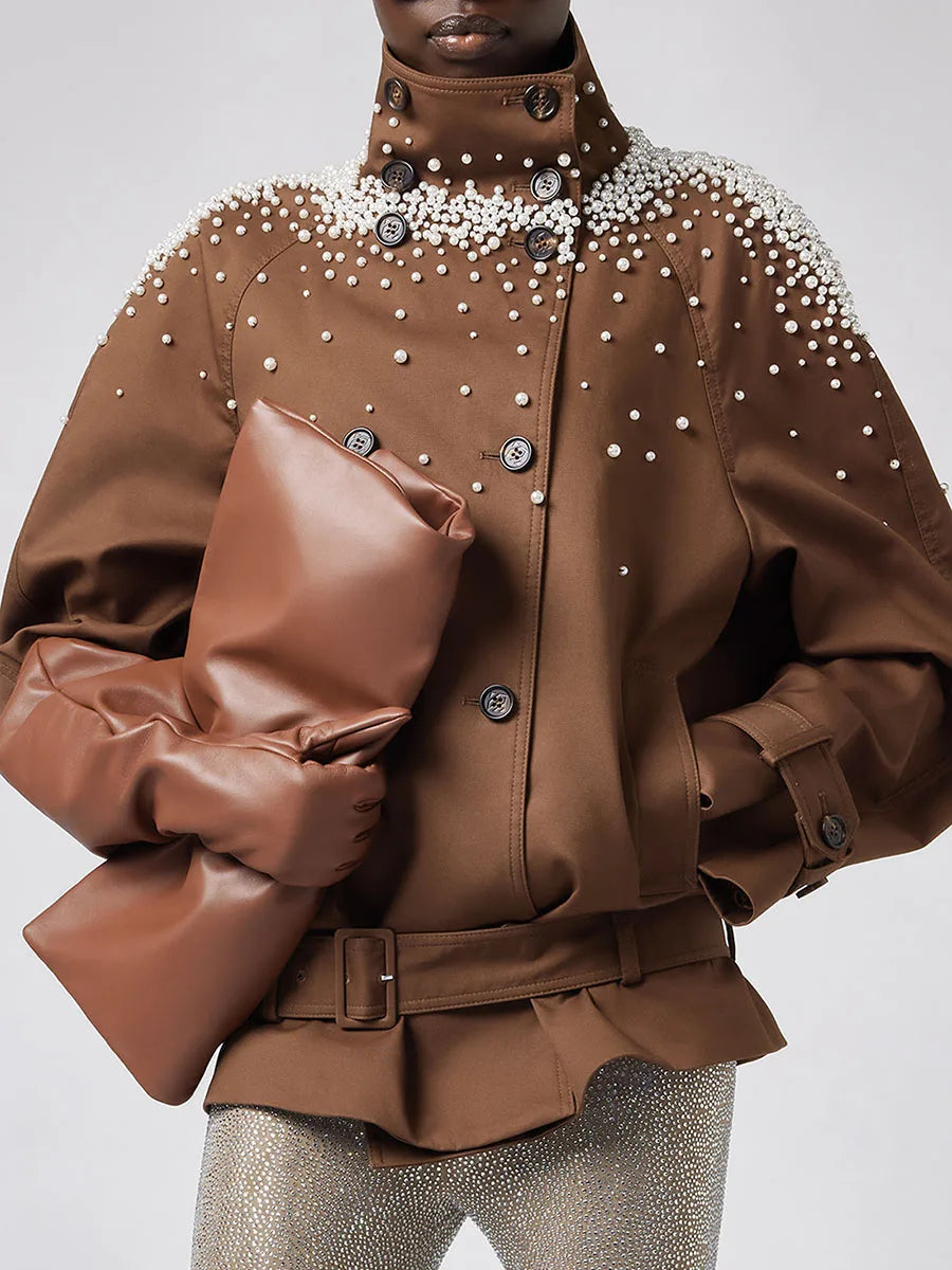 Pearl embellished stand collar jacket front view