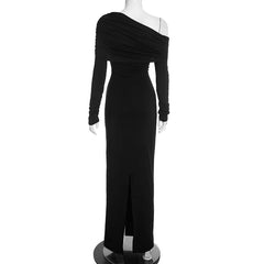 One Shoulder Draped Long Sleeve Maxi Dress