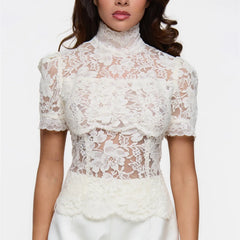 Sheer floral lace mock neck puff sleeve top in white