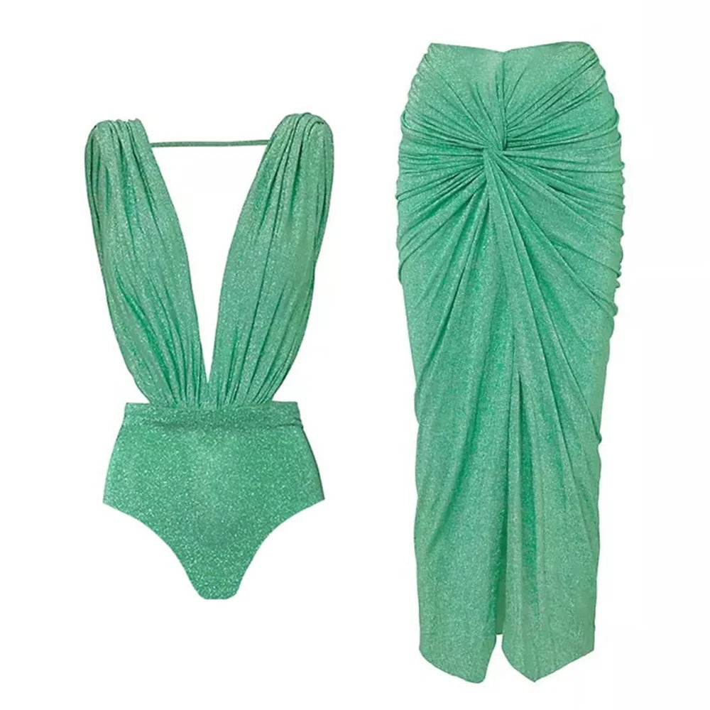 Light green shimmer halter neck one-piece swim top and skirt