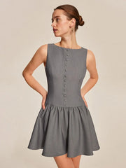 Grey Buttoned Flare Mini Dress