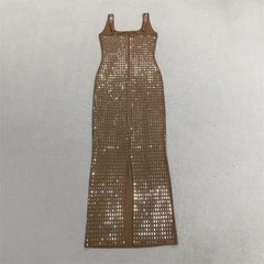 Full view of a long sleeveless dress with crystal embellishments