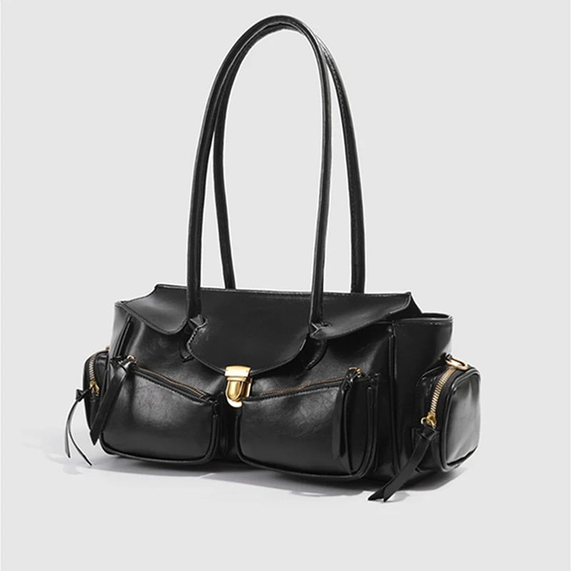 multi-pocket black leather bag with tassels