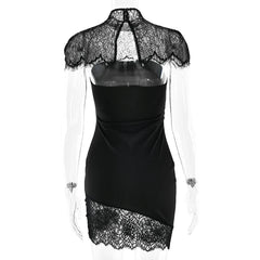 Black Lace Cape Sheer Panel Dress