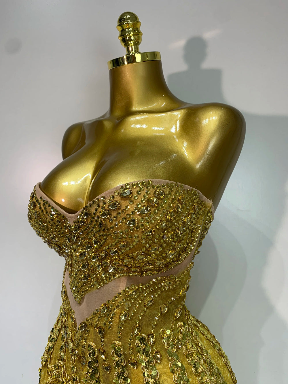 Strapless sequined diamond embellished mini dress neckline detail
