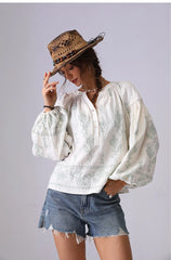 Embroidered Cotton Blouse with Lantern Sleeves
