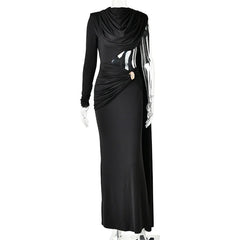 High Neck One Long Sleeve Draped Cutout Waist Maxi Dress