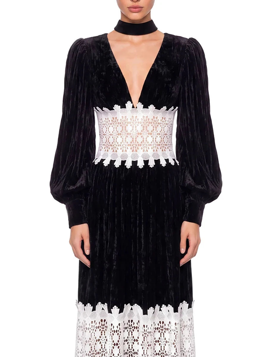 V Neck Lantern Sleeve Maxi Dress close-up