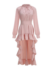 Ruffled High-Low Hem Dress with Lace-Up Neckline