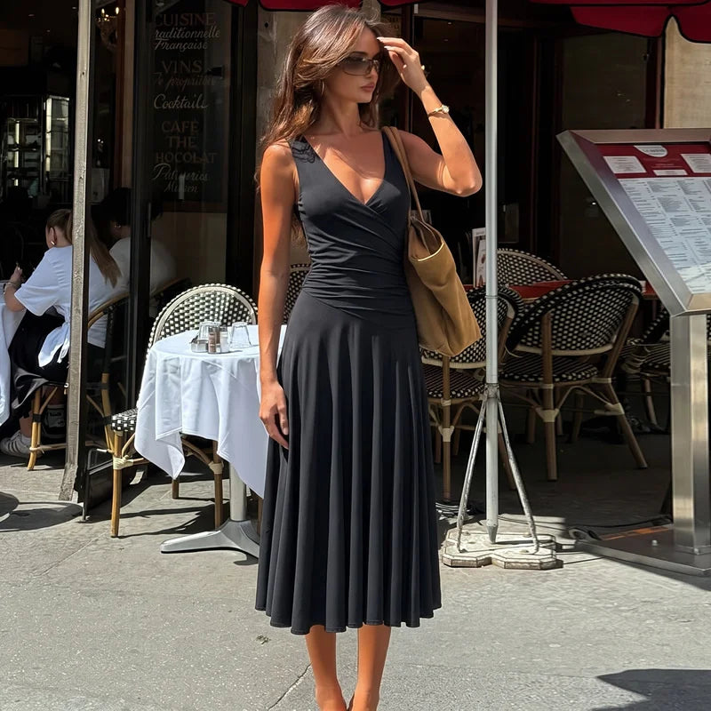 Black v-neck ruched midi dress