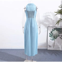V-Neck Sleeveless Button-Front Denim Maxi Dress