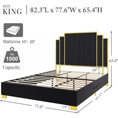 King Size Platform Bed Frame with Gold Trim Headboard