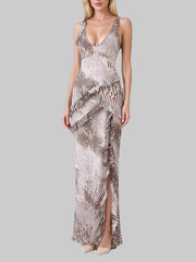 Ruffle Zebra Print V-Neck Maxi Dress on model