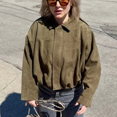 Faux Suede Cropped Bomber Jacket