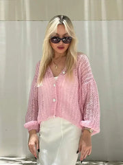 Pink Lantern Sleeves Single Breasted Sweater 