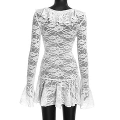 Long Sleeve Sheer Lace Ruffle Mini Dress
