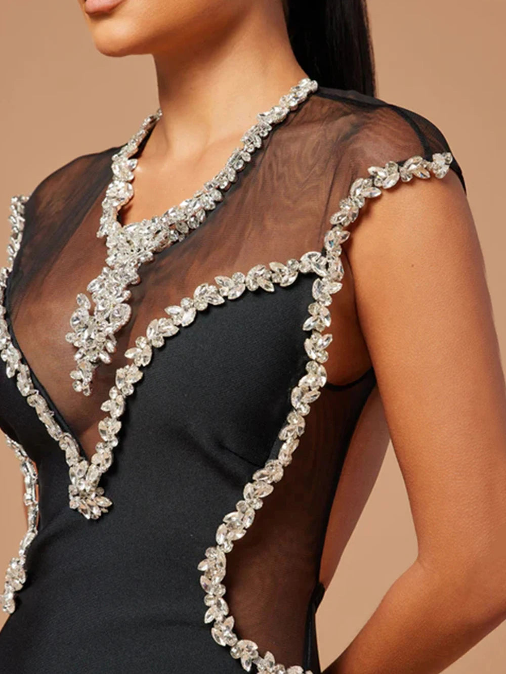 Women's Open Back Mesh Diamond Decorative Mini Dress