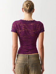Sheer Lace V-Neck Short Sleeve Top