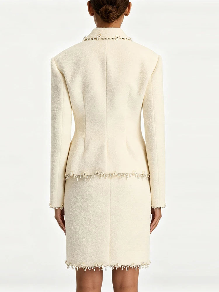 Beige beaded trim wool blazer and midi skirt set - back view