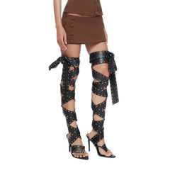 Studded lace-up thigh-high heeled sandals in black