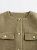 Button O-Neck Long Sleeve Buttons Solid Coat Short Jacket
