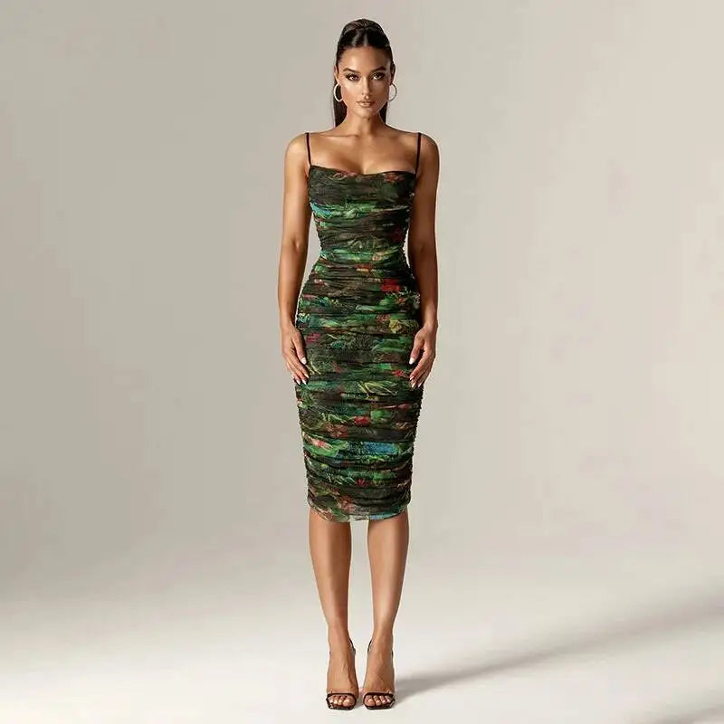 Ruched floral print midi dress with spaghetti straps
