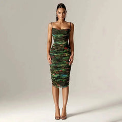 Ruched floral print midi dress with spaghetti straps