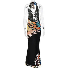 Butterfly Print Halter Maxi Dress